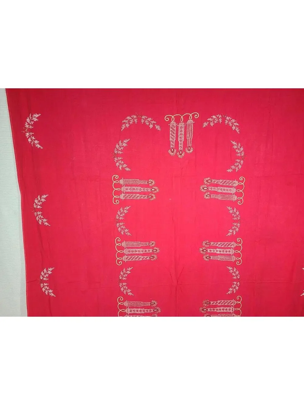 Vintage 50s Tablecloth Rhinestone Hand Embroidery Sparkle Candles Holiday 60x92